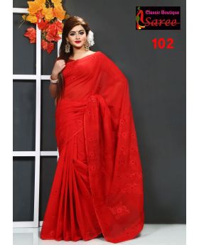 Beautiful Desingned Pure Red Muslin Silk with Hand Ambroidery Cut Work Applique Sharee for Women