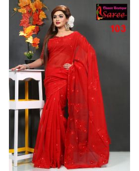 Printed Pure Red Muslin Silk with Hand Ambroidery Cut Work Applique Sharee for Women