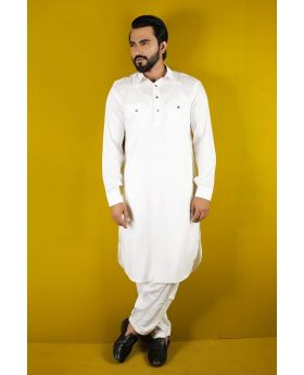 Men's White Kabli Set (With Payjama)-105820