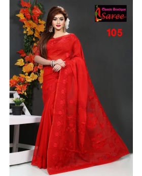 Festival Special Pure Red Muslin Silk with Hand Ambroidery Cut Work Applique Sharee for Women