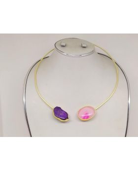 MATTE GOLD HASHULI WITH REAL PURPLE & PINK STONE WORK