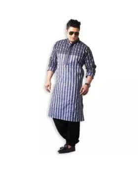 Blue and White Strips Cotton Short Panjabi for Men 01