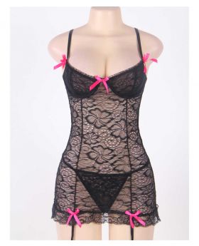 95% Polyester + 5% Spandex Garter Slip Lace Black Babydoll Lingerie With Stockings