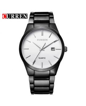 CURREN 8106 Fashion Black Stainless Steel Round Men Quartz Wrist Watch - Black & White