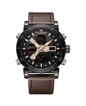 NAVIFORCE 9132 Dark Brown Strap Rose Gold Case and Hands Men’s Watches Sport Military Dual Display Leather Watch Round 3ATM Waterproof Multifunction Wristwatch Male Clock