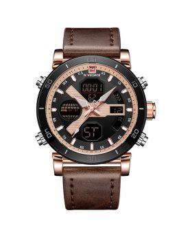 NAVIFORCE 9132 Brown Strap Gold Case and Hands Men’s Watches Sport Military Dual Display Leather Watch Round 3ATM Waterpoof Multifunction Wristwatch Male Clock