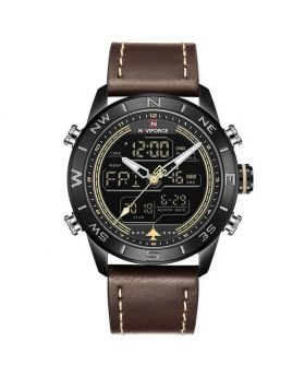 Naviforce NF9144 Brown Strap Gold Case Color For Mens Watches Quartz LED Digital Sports Watches Men's Clock Leather Outdoor Waterproof Army Military Wrist Watch 1