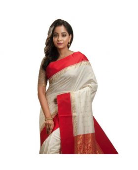 silk katan saree(white and red)