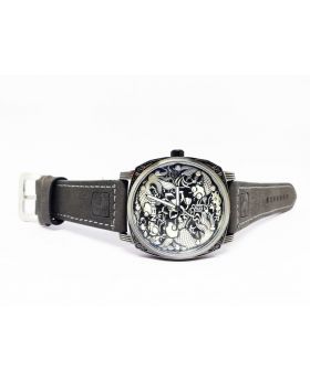 Replica Antique Silver Designed Bezel and Dial Grey Leather Strap Watch for Men