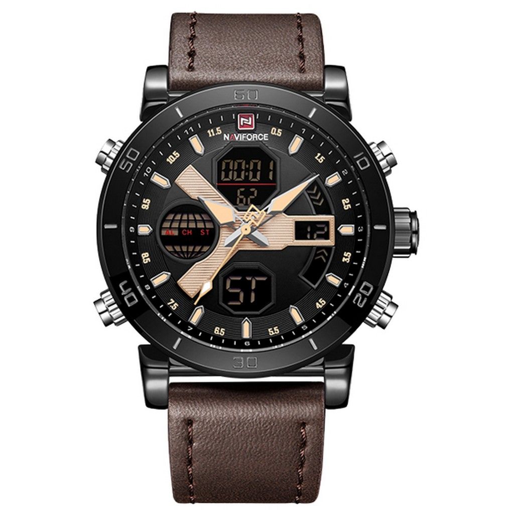 NAVIFORCE 9132 Dark Brown Strap Black Case Men s Watches Sport Military Dual Display Leather Watch Round 3ATM Waterpoof Multifunction Wristwatch Male Clock Buy Naviforce Watch online in BD eorder ....