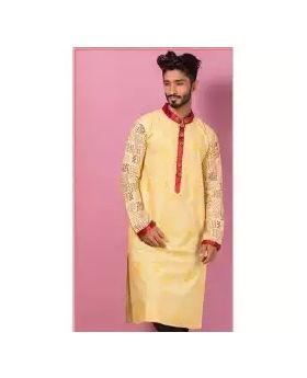 Yellow and Red Cotton Short Panjabi for Men