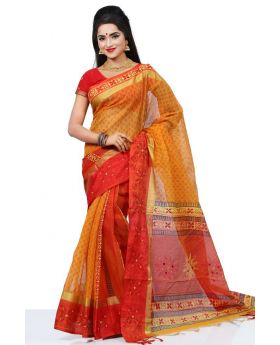 Pure anddy silk with hand block & embroidery Saree for Women