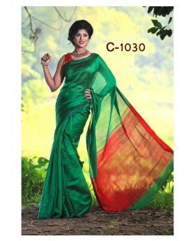 Tangail Silk Saree for Women (Green-Red)