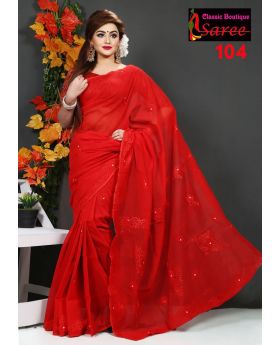 Colorful Pure Red Muslin Silk with Hand Ambroidery Cut Work Applique Sharee for Women
