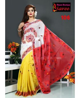Colorful 3 shade muslin silk with hand embroidery & cut work applique Saree for Women