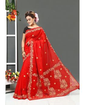 Pure red muslin silk with hand embroidery Sharee for women