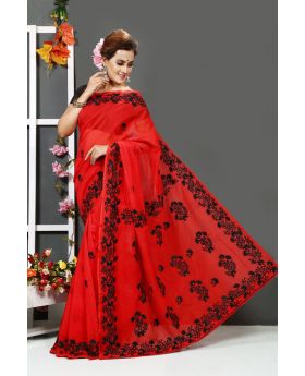 Pure red muslin silk with hand embroidery Sharee for women
