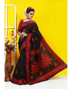 Pure black muslin silk with hand embroidery Sharee for women
