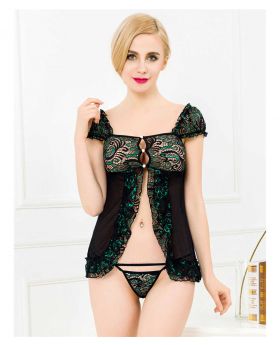 95% Polyester + 5% Spandex Sexy Princess Embroidered Crocheted Black Lace Babydoll with Matching G-String