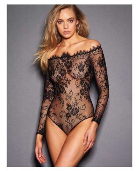 95% Polyester + 5% Spandex Sexy Black Eyelashes Lace Long-sleeved Teddy