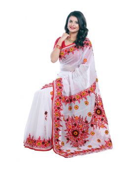 Red &White Pure muslin silk with hand embroidery Saree for Women