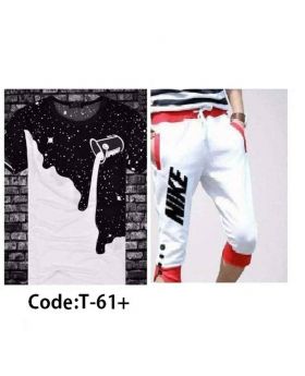 Mens Black And White  Designed T-Shirt With Shorts