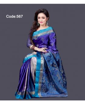 Soft Silk Saree for Women (Navy Blue-Sky Blue)