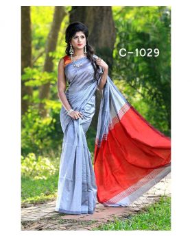 Tangail Silk Saree for Women (Silver-Red)
