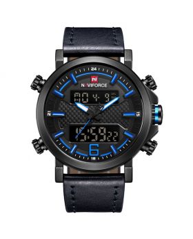 Naviforce NF9135 Dual Movement Digital and Quartz Casual Leather Watch,Black Strap Grey Dial and Hands