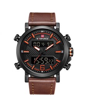 Naviforce NF9135 Dual Movement Digital and Quartz Casual Leather Watch-Brown Strap Brown Dial and Hands