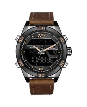 NAVIFORCE 9132 Black Strap Black Case Men’s Watches Sport Military Dual Display Leather Watch Round 3ATM Waterproof Multifunction Wristwatch Male Clock 1