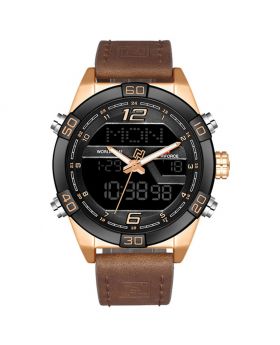 NAVIFORCE 9128 Black Strap Black Case and Dial Face, Dual Time Men Sports Watches Leather Wrist Best Quartz Watch