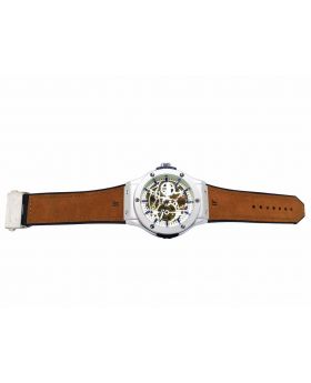 Replica Automatic Watch Mate Silver Bezel White Skeleton Dial Brown Strap Watch for Men