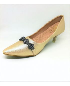 Golden Artificial Leather Semi Heel Shoe for Women